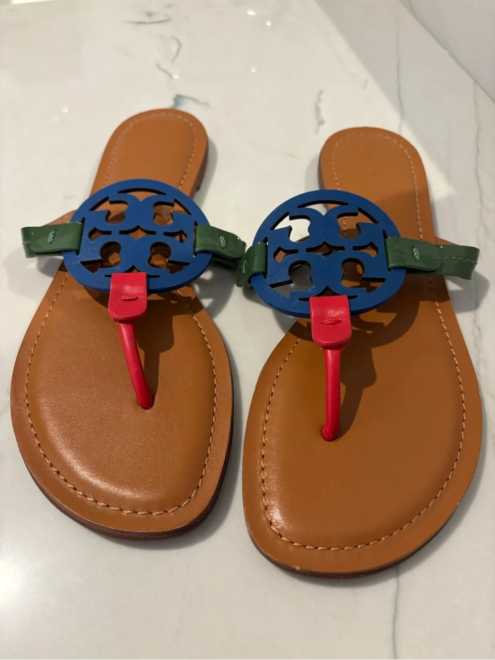 Tory Burch Brown Leather Sandals with Blue Logo, Green Straps & Red Accents